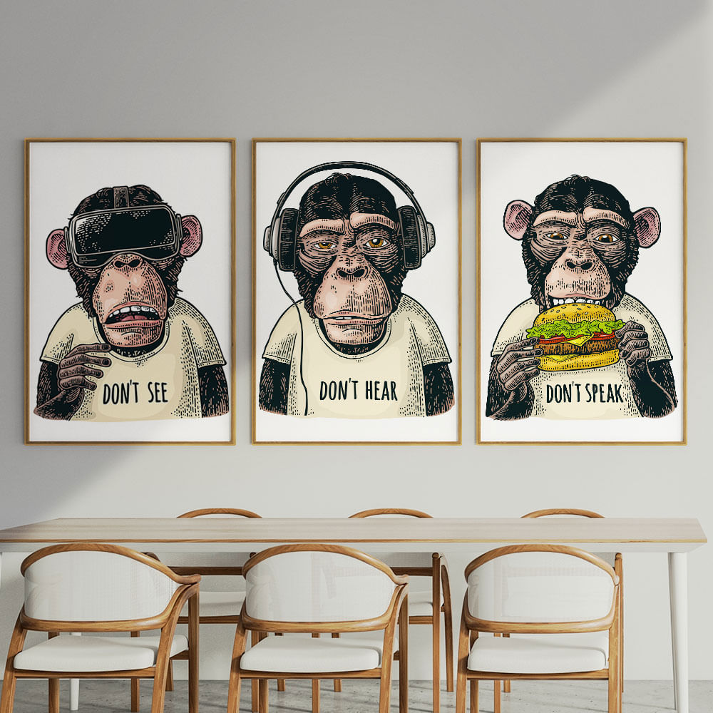Quadro Decorativo 3 Telas Macacos 40x60 Moldura Natural sem vidro