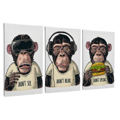 Quadro-Decorativo-3-Telas-Macacos-40x60-Moldura-Natural-sem-vidro