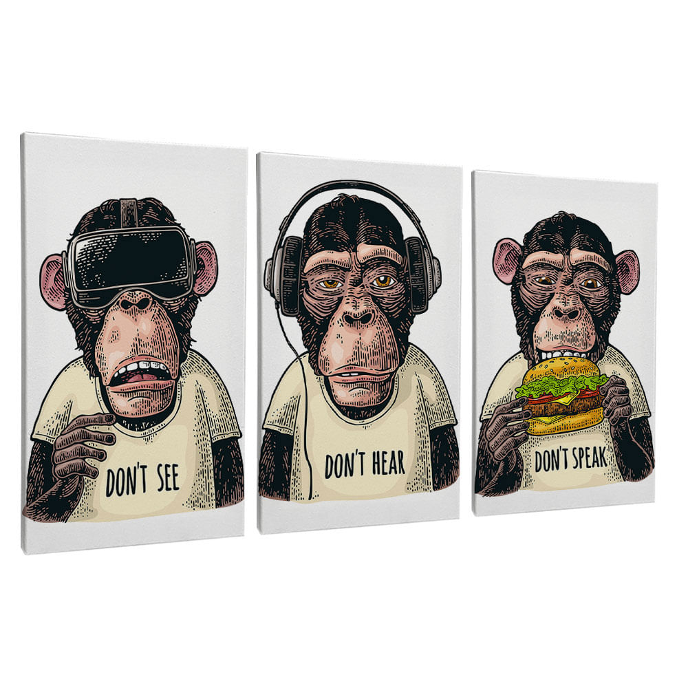 Quadro Decorativo 3 Telas Macacos 40x60 Moldura Natural sem vidro - Imagem 2
