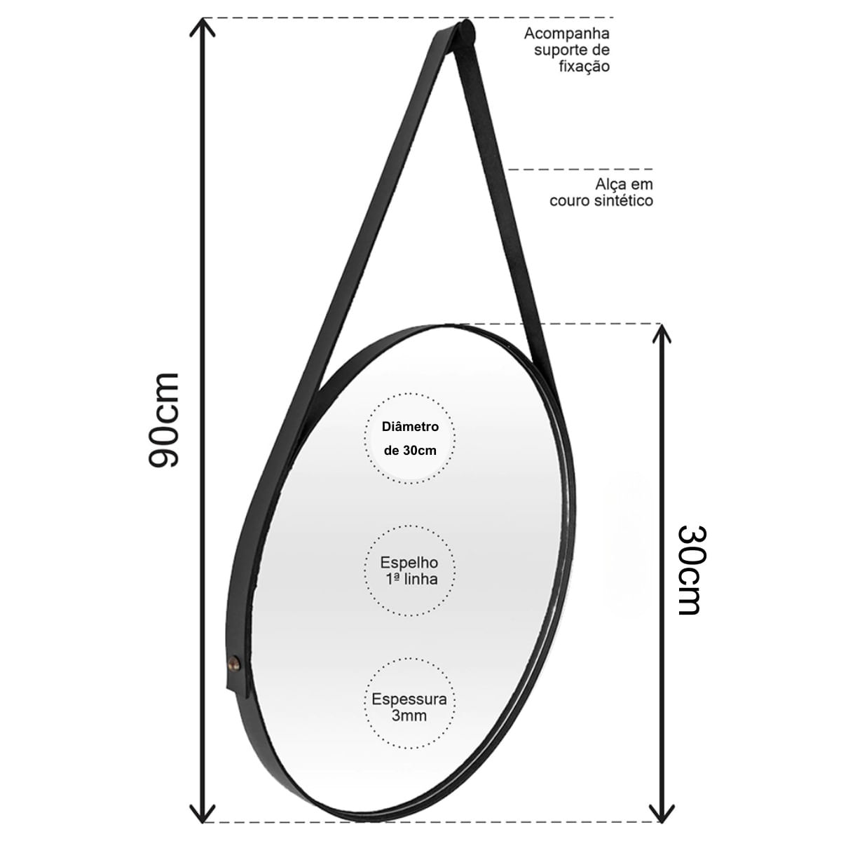 Espelho Adnet em Couro 30cm + Suporte Preto - Imagem 6