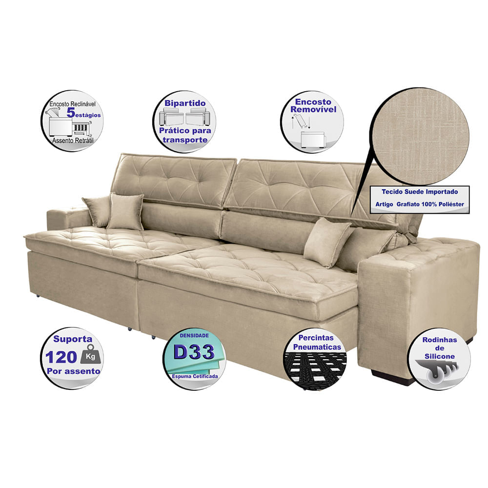 Sofá Retrátil e Reclinável 2,22m Agnus com Molas no Assento Velupluma Bege - Imagem 3