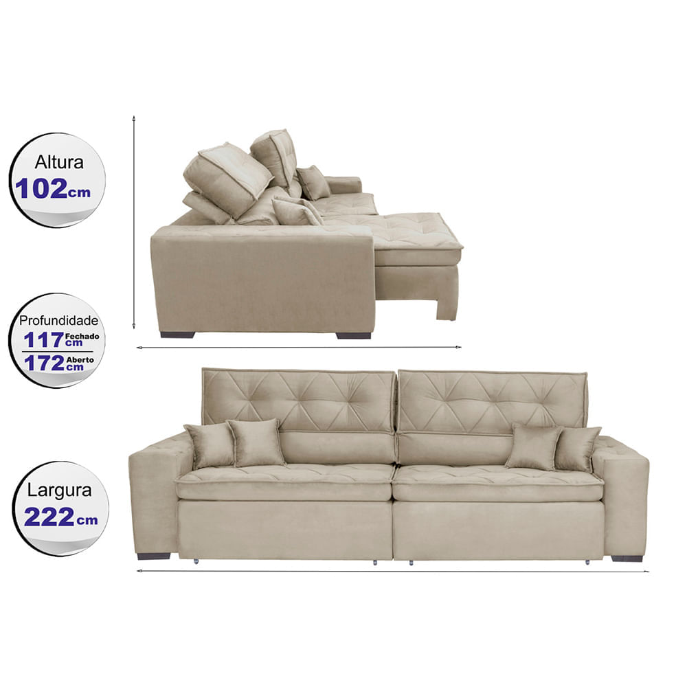 Sofá Retrátil e Reclinável 2,22m Agnus com Molas no Assento Velupluma Bege - Imagem 2