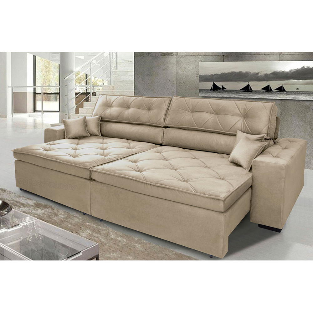 Sofá Retrátil e Reclinável 2,02m Agnus com Molas no Assento Velupluma Bege