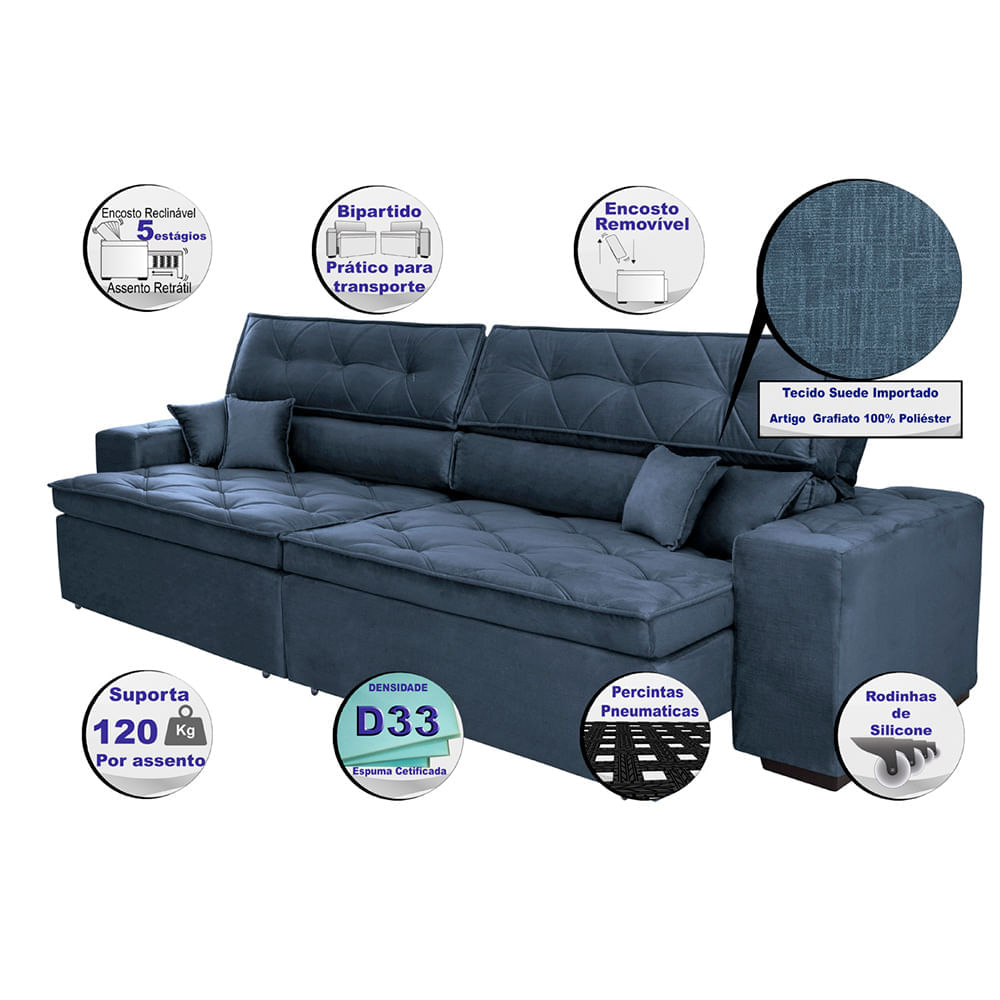 Sofá Retrátil e Reclinável 2,22m Agnus com Molas no Assento Velupluma Azul - Imagem 3