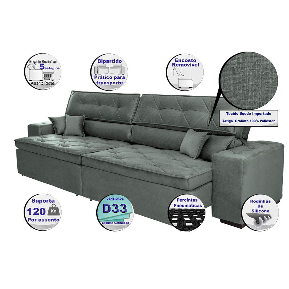 Sofá Retrátil e Reclinável 2,42m Agnus com Molas no Assento Velupluma Cinza - Imagem 3