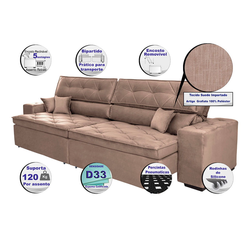 Sofá Retrátil e Reclinável 2,42m Agnus com Molas no Assento Velupluma Castor - Imagem 3