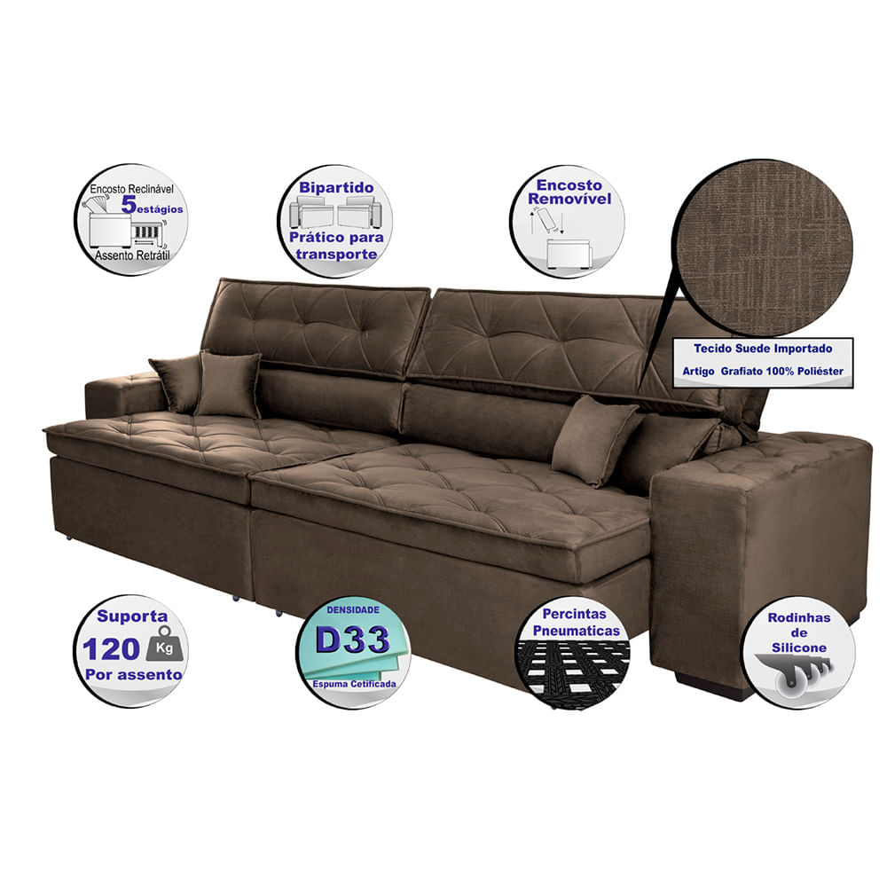 Sofá Retrátil e Reclinável 2,62m Agnus com Molas no Assento Velupluma Café - Imagem 3