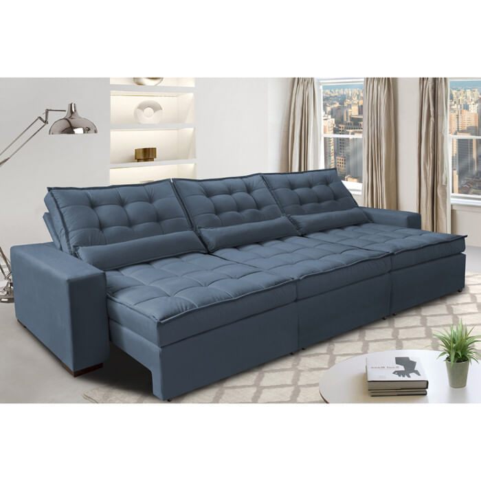 Sofá Retrátil e Reclinável 3,82m com Molas Ensacadas Optimus Tecido Velupluma Azul