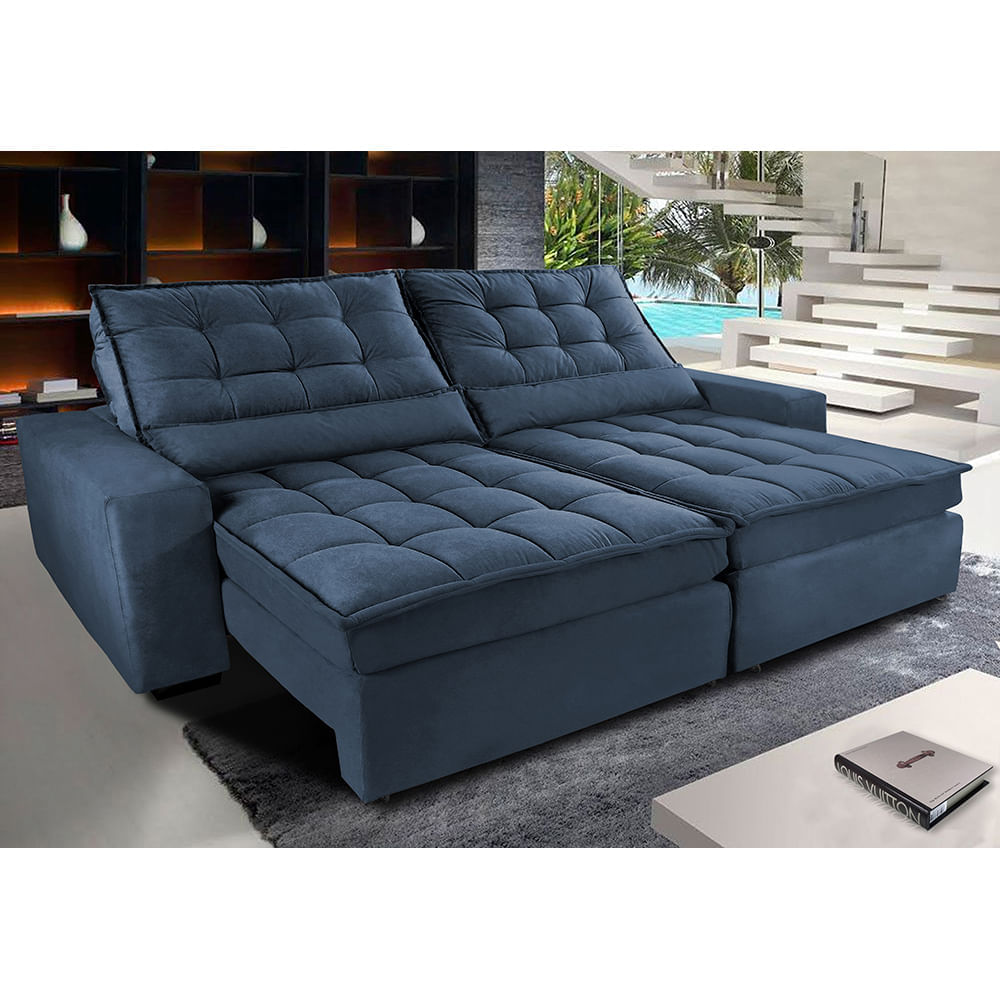 Sofá Retrátil e Reclinável 2,52m com Molas Ensacadas Optimus Tecido Velupluma Azul