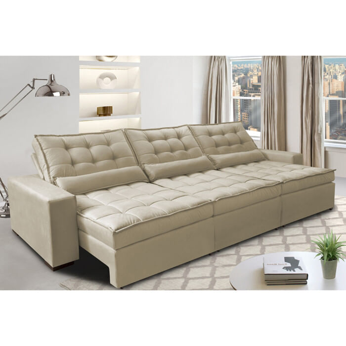 Sofá Retrátil e Reclinável 4,12m com Molas Ensacadas Optimus Tecido Velupluma Bege