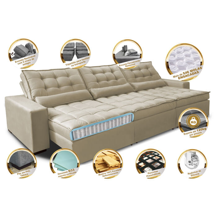 Sofá Retrátil e Reclinável 4,12m com Molas Ensacadas Optimus Tecido Velupluma Bege - Imagem 3