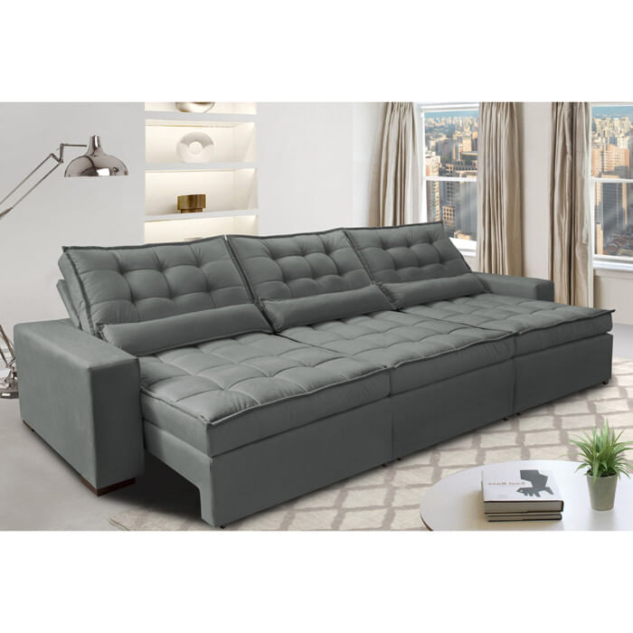 Sofá Retrátil e Reclinável 3,52m com Molas Ensacadas Optimus Tecido Velupluma Cinza