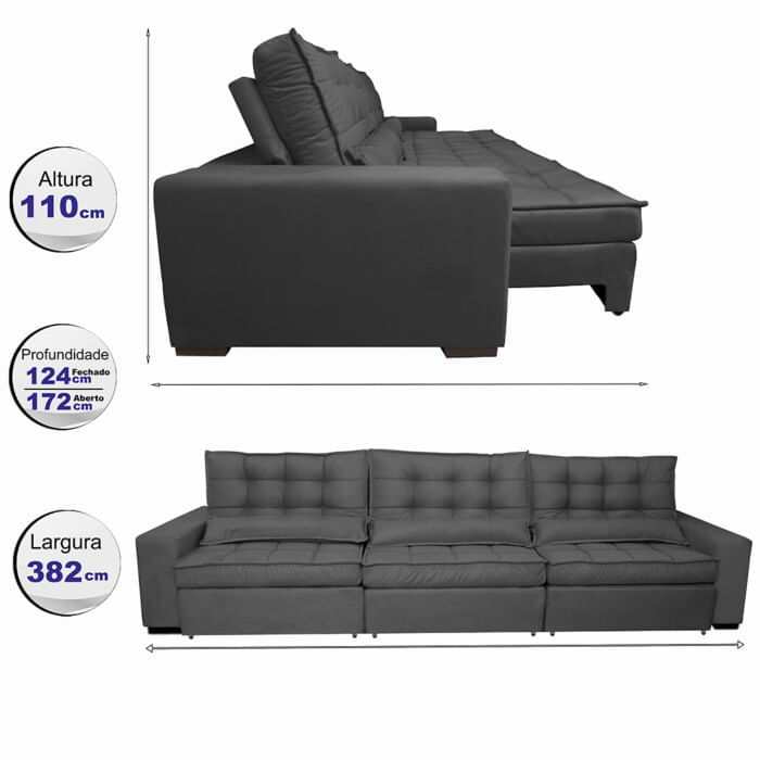 Sofá Retrátil e Reclinável 3,82m com Molas Ensacadas Optimus Tecido Velupluma Preto - Imagem 2