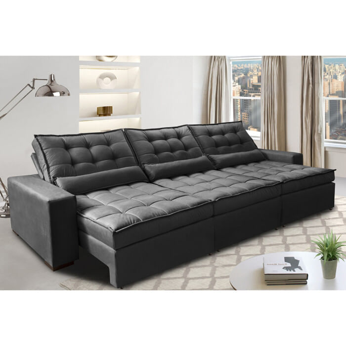 Sofá Retrátil e Reclinável 3,82m com Molas Ensacadas Optimus Tecido Velupluma Preto