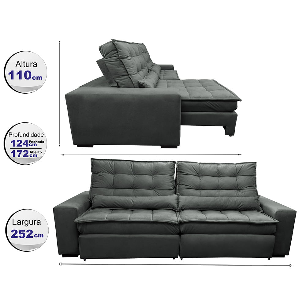 Sofá Retrátil e Reclinável 2,52m com Molas Ensacadas Optimus Tecido Velupluma Cinza - Imagem 2