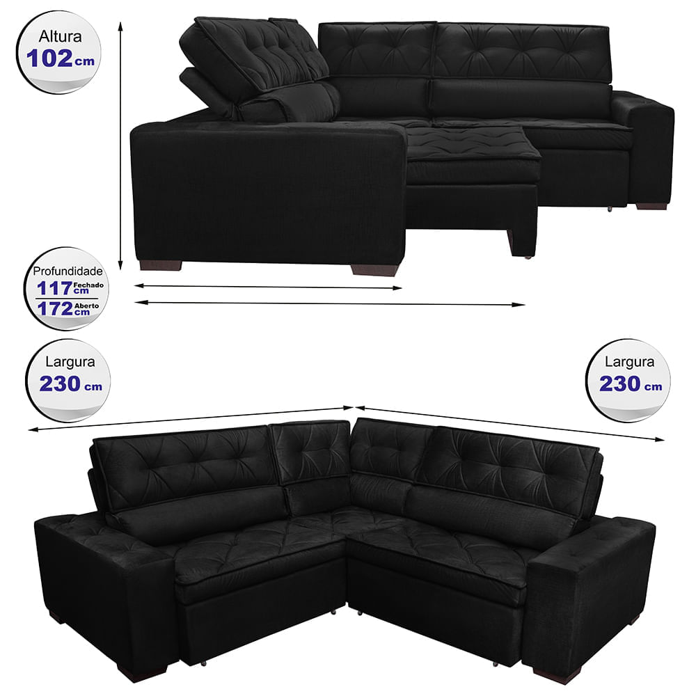Sofa de Canto Retrátil e Reclinável com Molas Agnus 2,30m x 2,30m Suede Velupluma Preto - Imagem 2