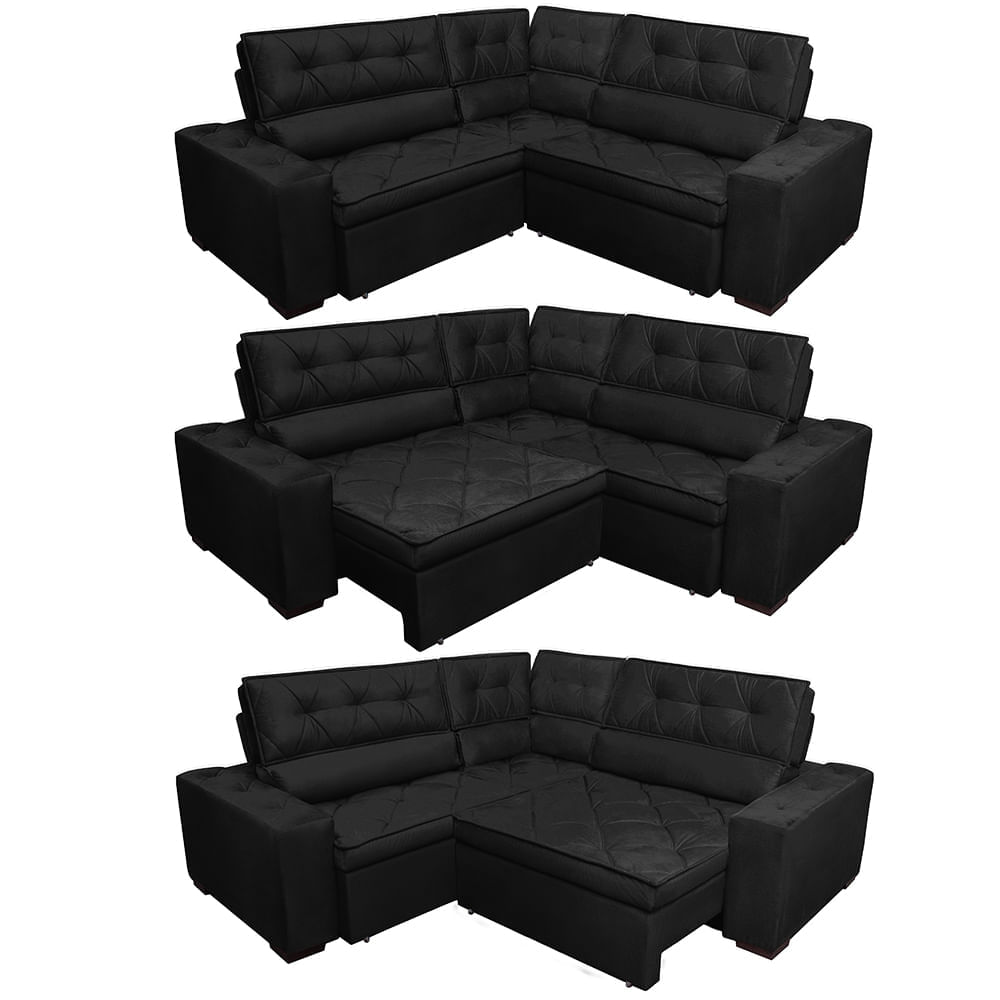 Sofa de Canto Retrátil e Reclinável com Molas Agnus 2,30m x 2,30m Suede Velupluma Preto - Imagem 7