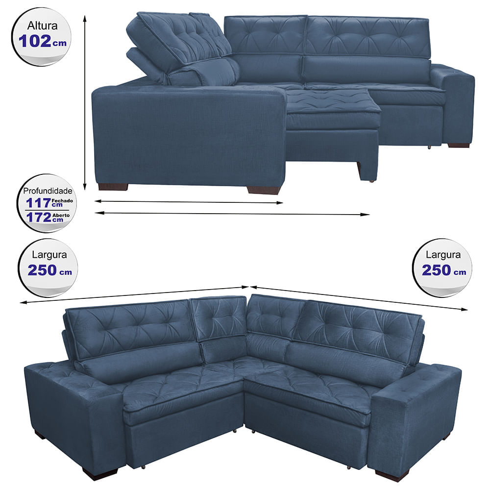 Sofa de Canto Retrátil e Reclinável com Molas Agnus 2,50m x 2,50m Suede Velupluma Azul - Imagem 2
