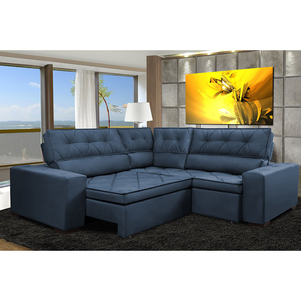 Sofa de Canto Retrátil e Reclinável com Molas Agnus 2,50m x 2,50m Suede Velupluma Azul