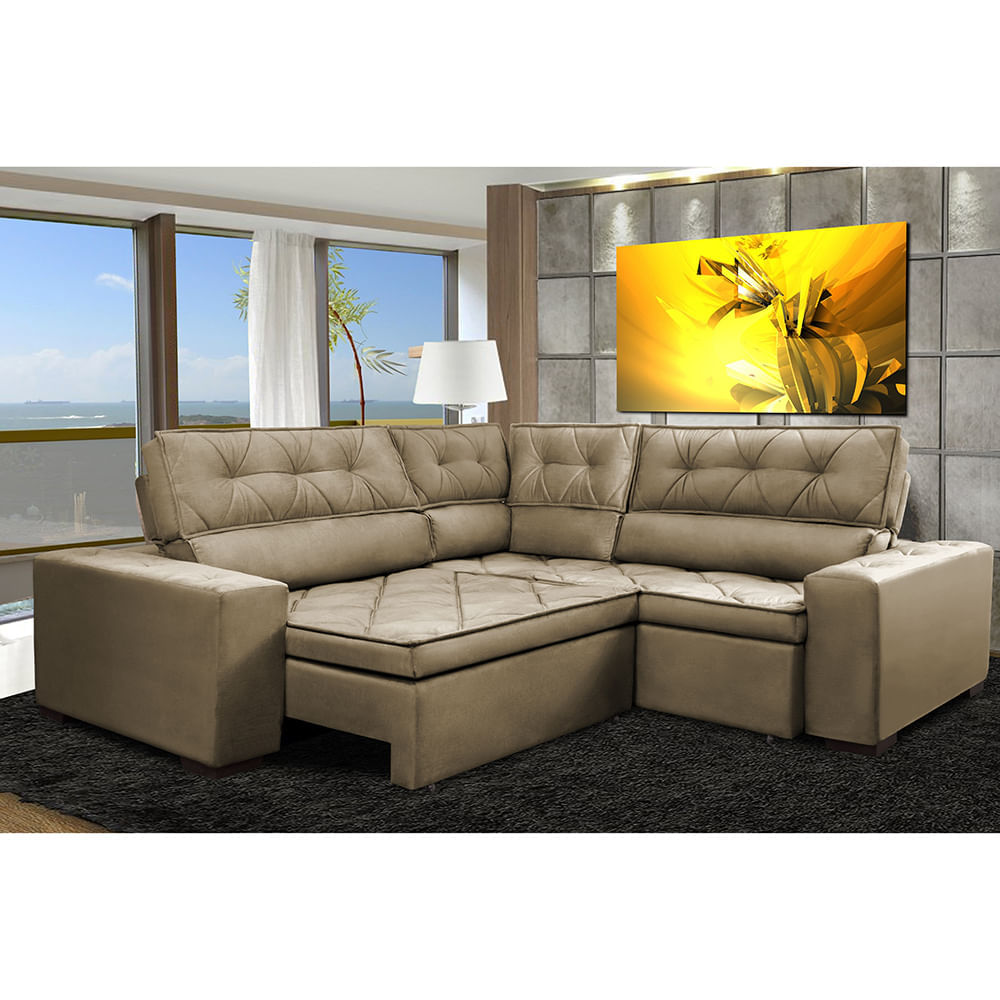 Sofa de Canto Retrátil e Reclinável com Molas Agnus 2,70m x 2,70m Suede Velupluma Castor