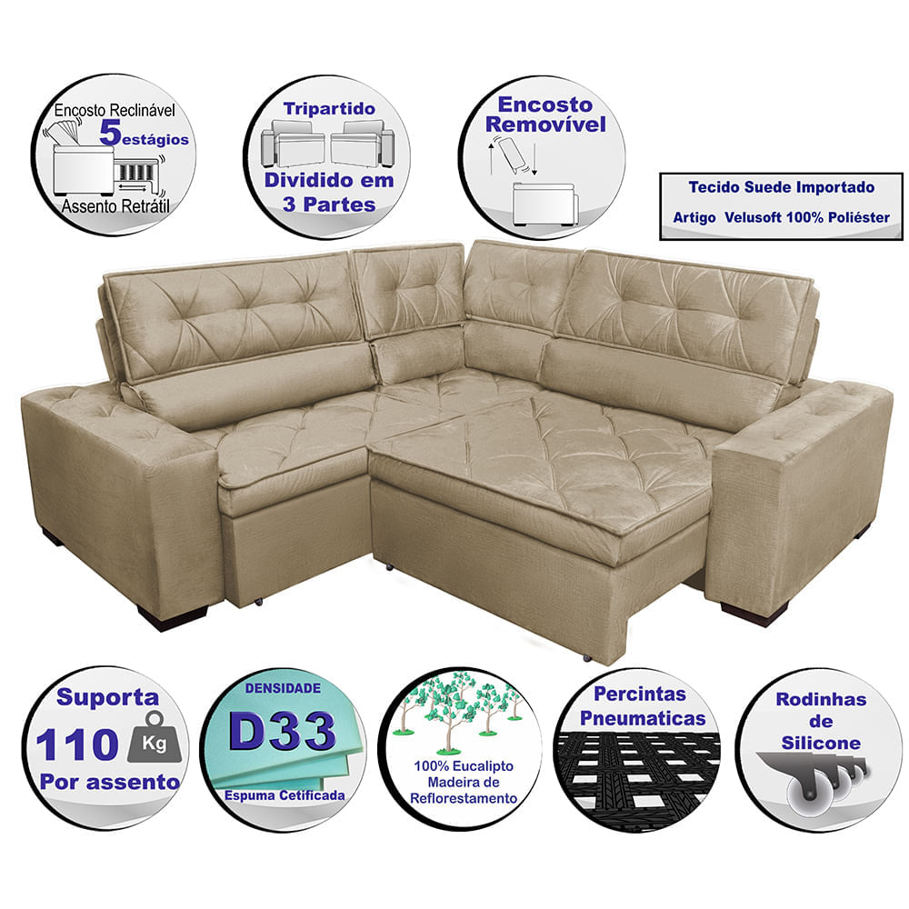 Sofa de Canto Retrátil e Reclinável com Molas Agnus 2,70m x 2,70m Suede Velupluma Castor - Imagem 3