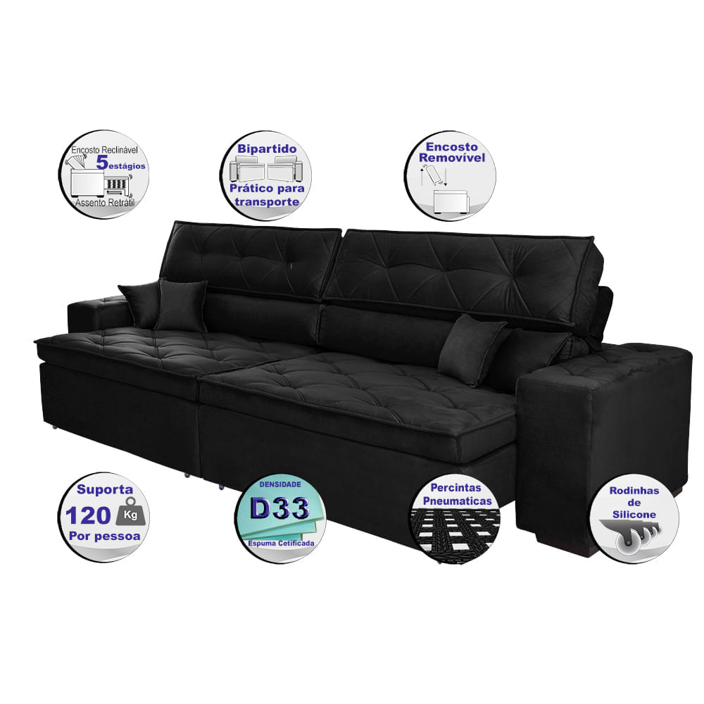 Sofá Retrátil e Reclinável 3,02m Agnus com Molas no Assento Velupluma Preto - Imagem 3