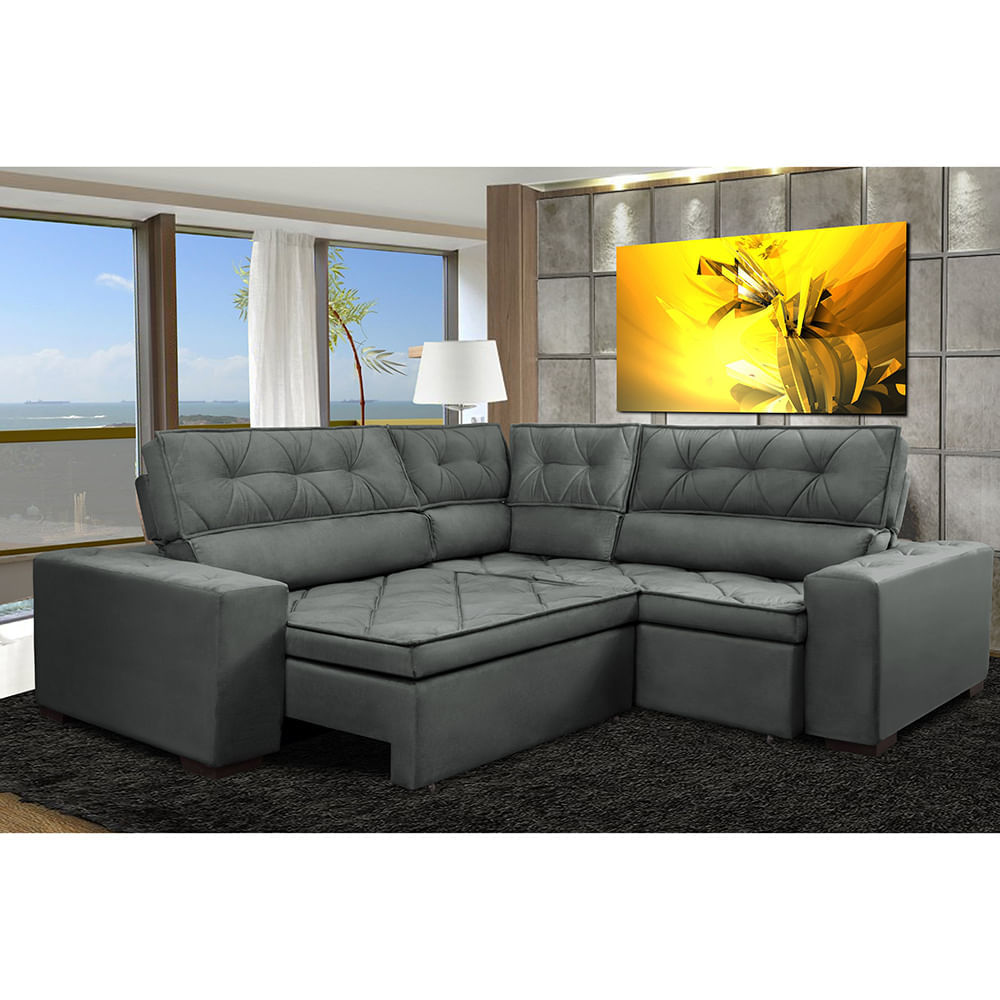 Sofa de Canto Retrátil e Reclinável com Molas Agnus 2,40m x 2,40m Suede Velupluma Cinza