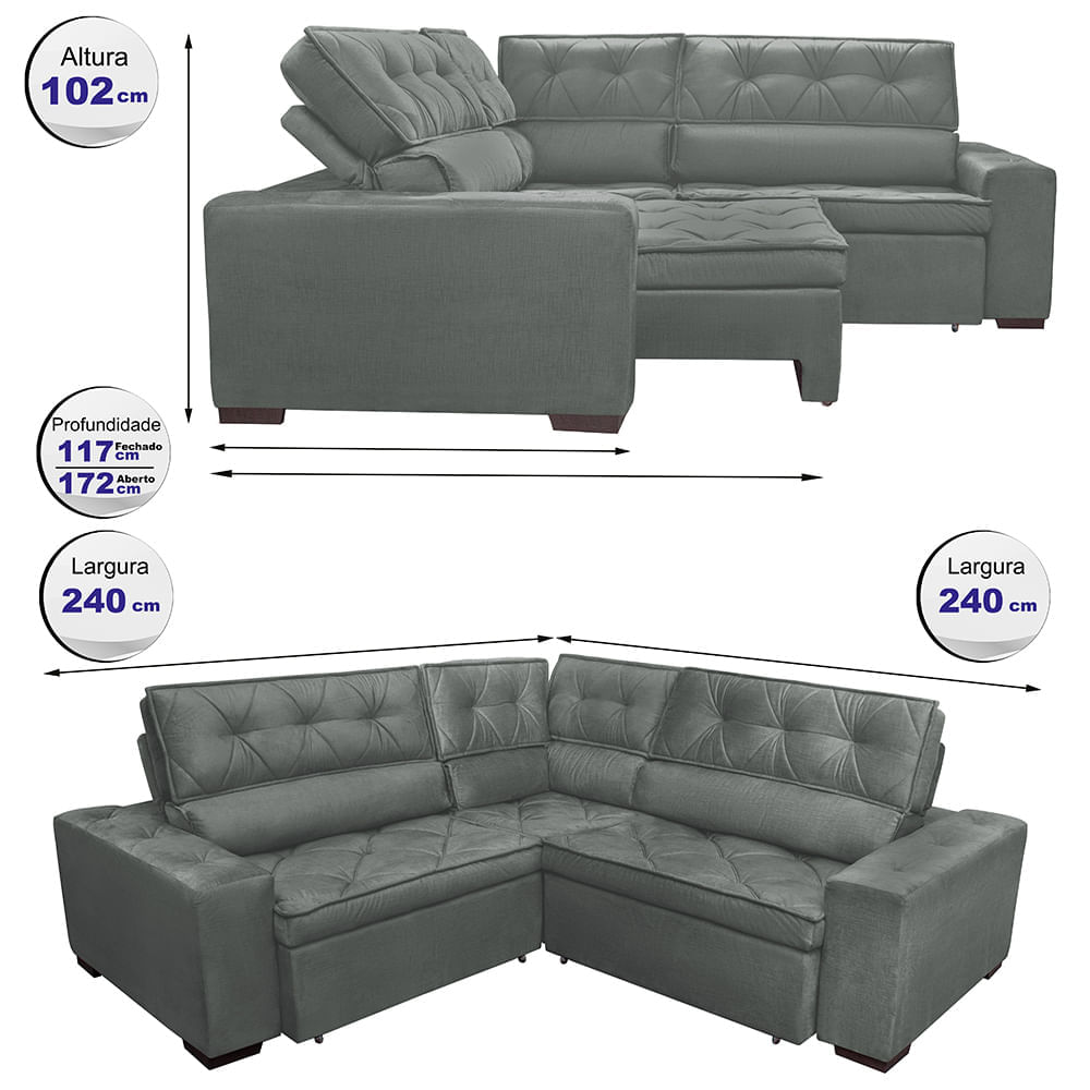 Sofa de Canto Retrátil e Reclinável com Molas Agnus 2,40m x 2,40m Suede Velupluma Cinza - Imagem 2