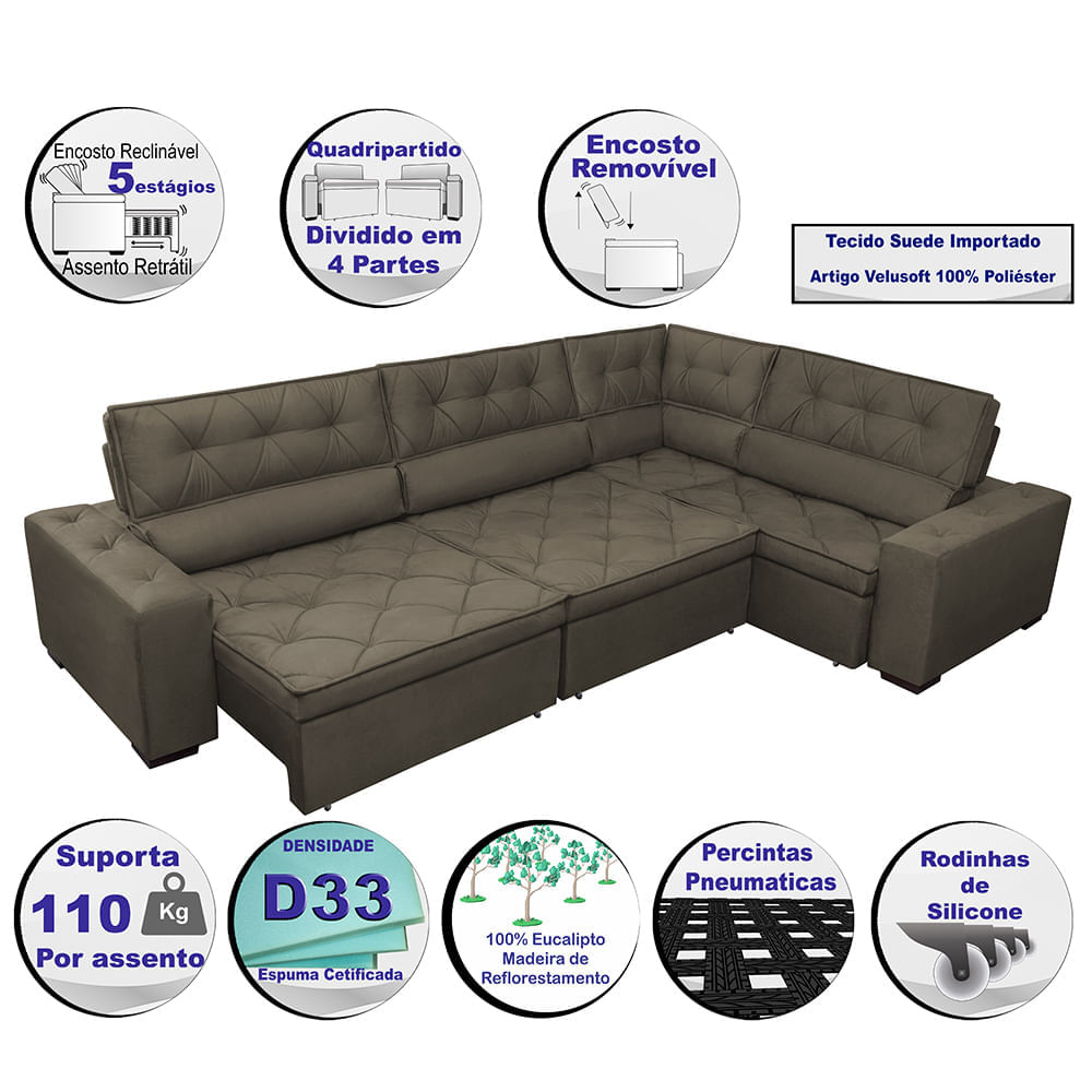 Sofa de Canto Retrátil e Reclinável com Molas Agnus 3,85X2,64 ou 2,64X3,85 Suede Velupluma Café - Imagem 3