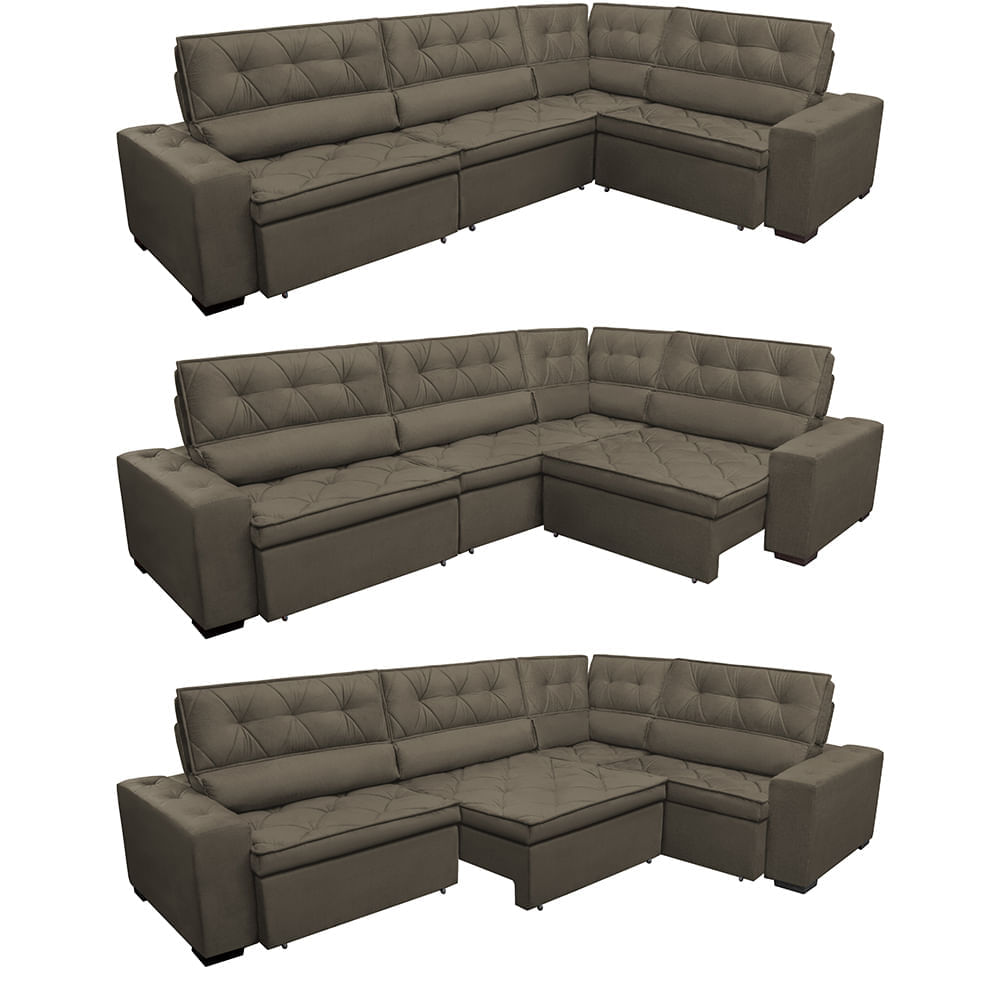 Sofa de Canto Retrátil e Reclinável com Molas Agnus 3,85X2,64 ou 2,64X3,85 Suede Velupluma Café - Imagem 7