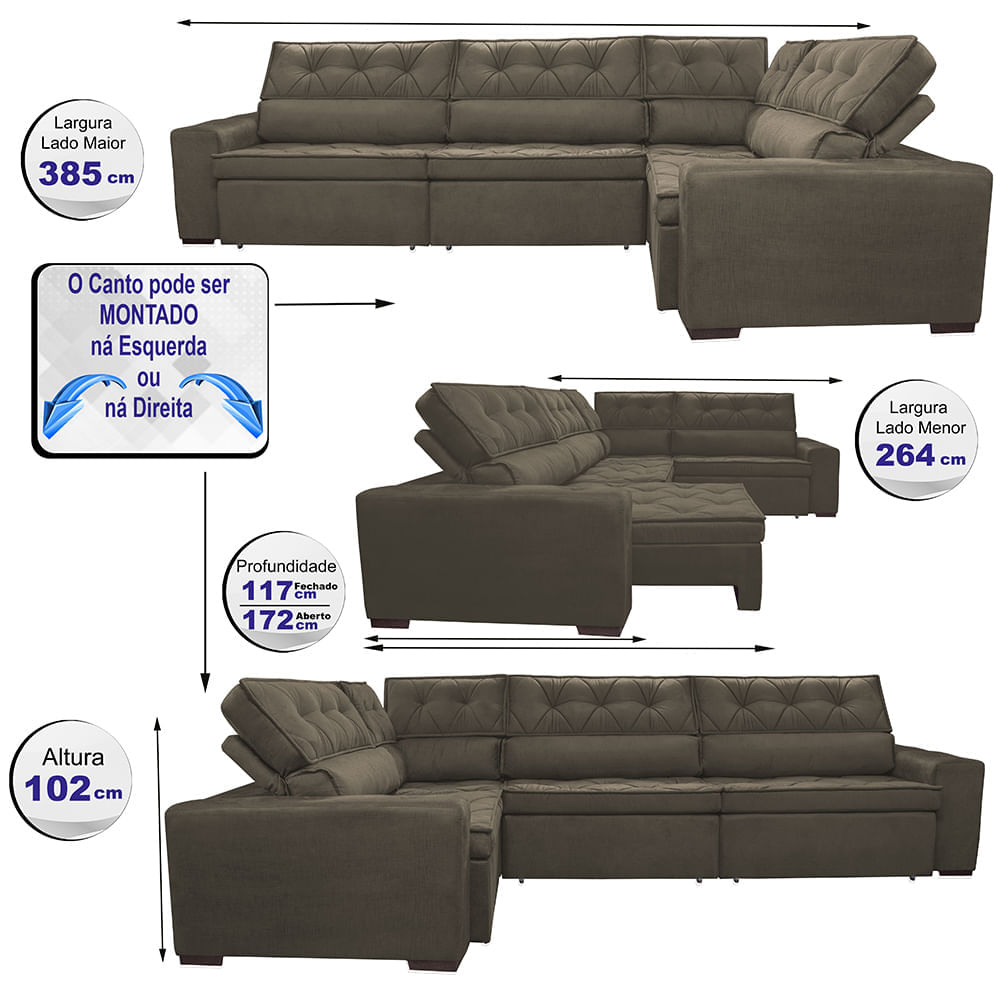 Sofa de Canto Retrátil e Reclinável com Molas Agnus 3,85X2,64 ou 2,64X3,85 Suede Velupluma Café - Imagem 2