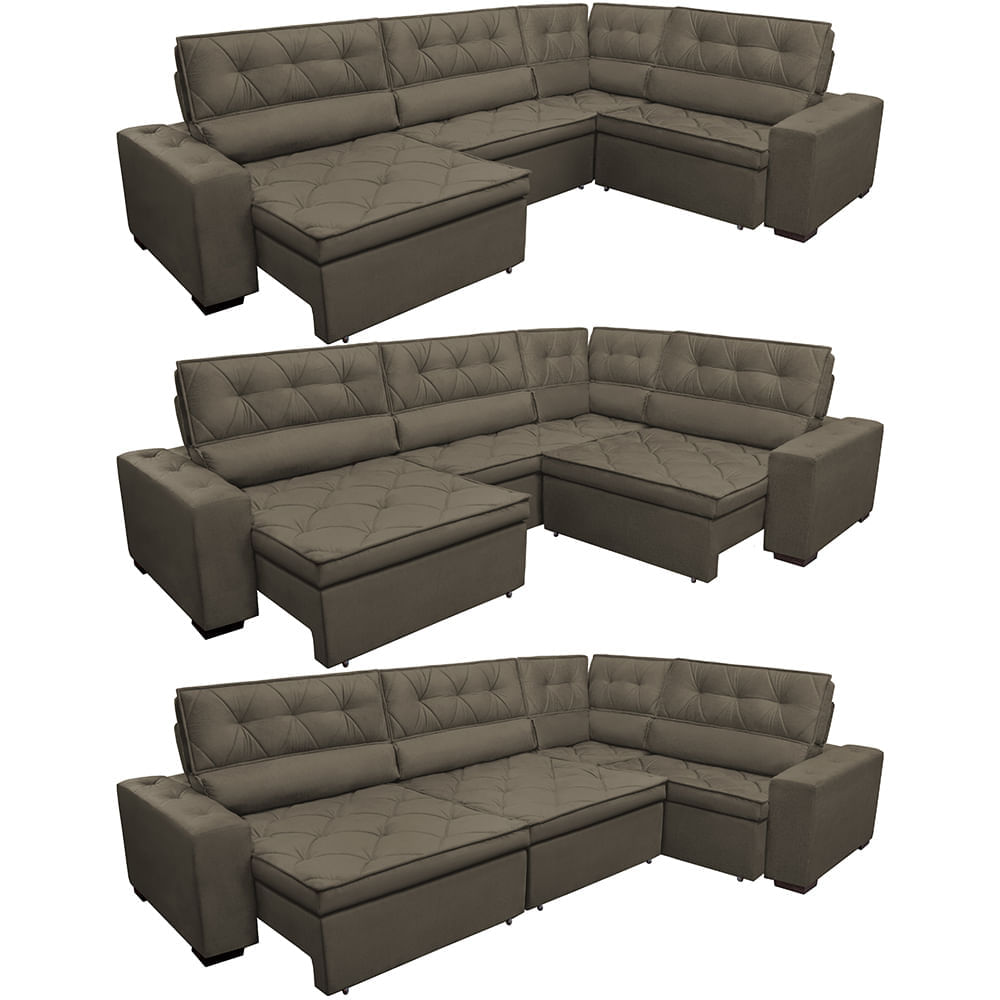 Sofa de Canto Retrátil e Reclinável com Molas Agnus 3,85X2,64 ou 2,64X3,85 Suede Velupluma Café - Imagem 8
