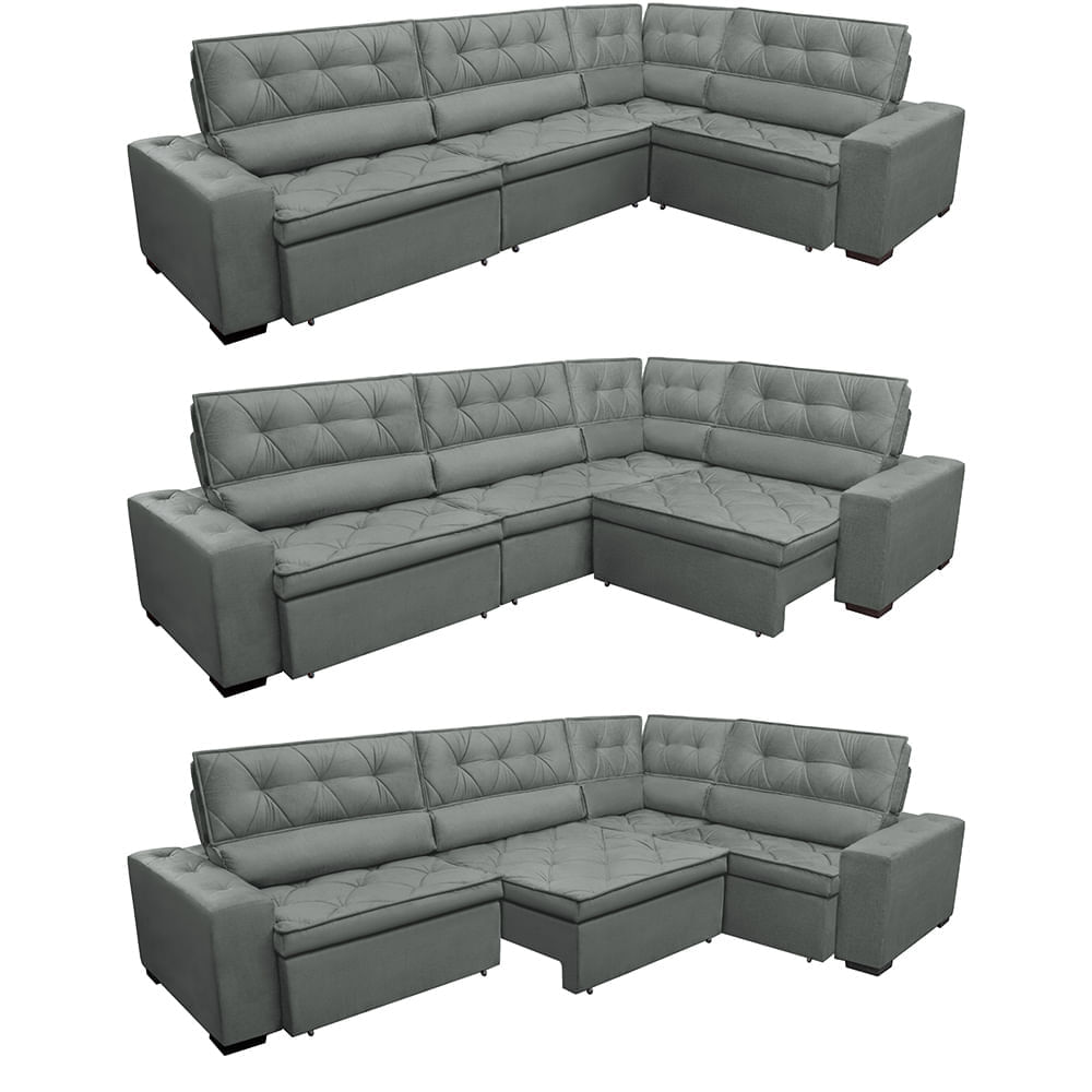 Sofa de Canto Retrátil e Reclinável com Molas Agnus 3,45X2,44 ou 2,44X3,45 Suede Velupluma Cinza - Imagem 7
