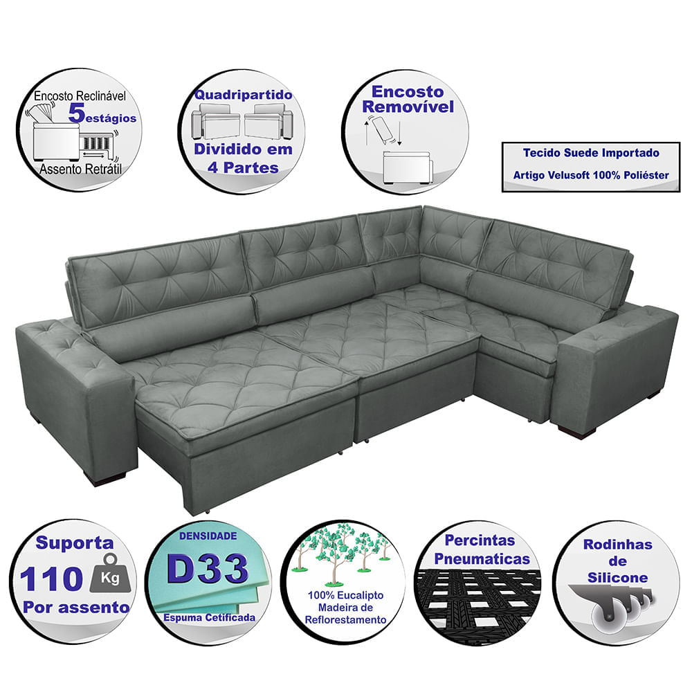 Sofa de Canto Retrátil e Reclinável com Molas Agnus 3,45X2,44 ou 2,44X3,45 Suede Velupluma Cinza - Imagem 3