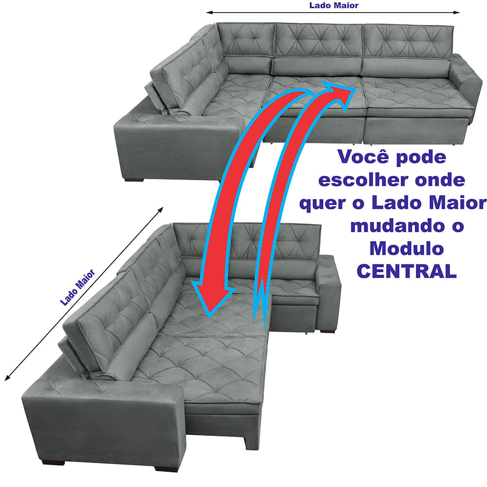 Sofa de Canto Retrátil e Reclinável com Molas Agnus 3,45X2,44 ou 2,44X3,45 Suede Velupluma Cinza - Imagem 5