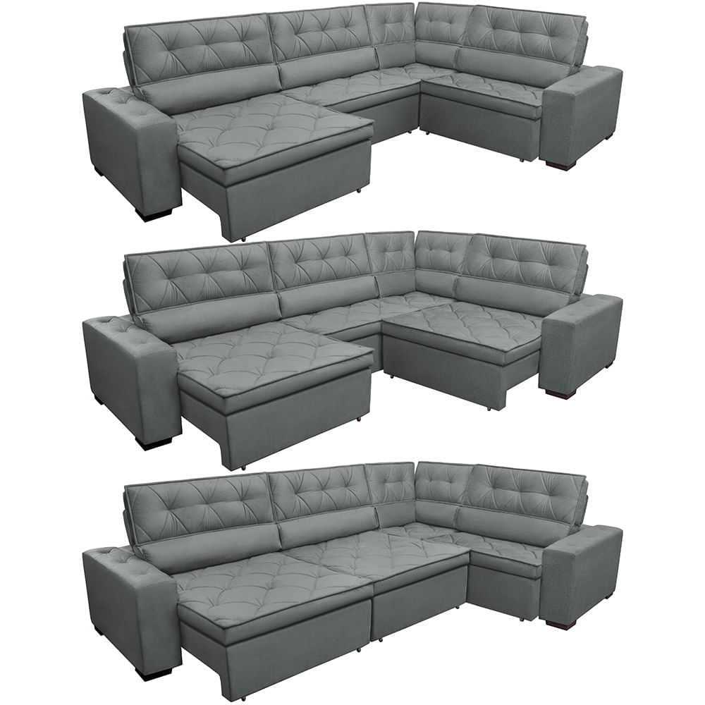 Sofa de Canto Retrátil e Reclinável com Molas Agnus 3,45X2,44 ou 2,44X3,45 Suede Velupluma Cinza - Imagem 8