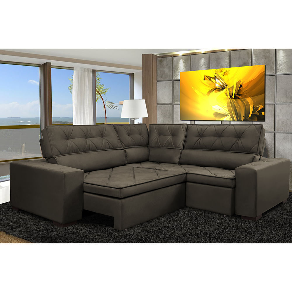 Sofa de Canto Retrátil e Reclinável com Molas Agnus 2,50m x 2,50m Suede Velupluma Café