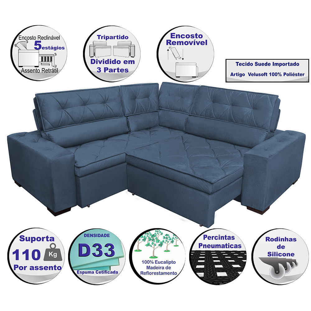 Sofa de Canto Retrátil e Reclinável com Molas Agnus 2,30m x 2,30m Suede Velupluma Azul - Imagem 3