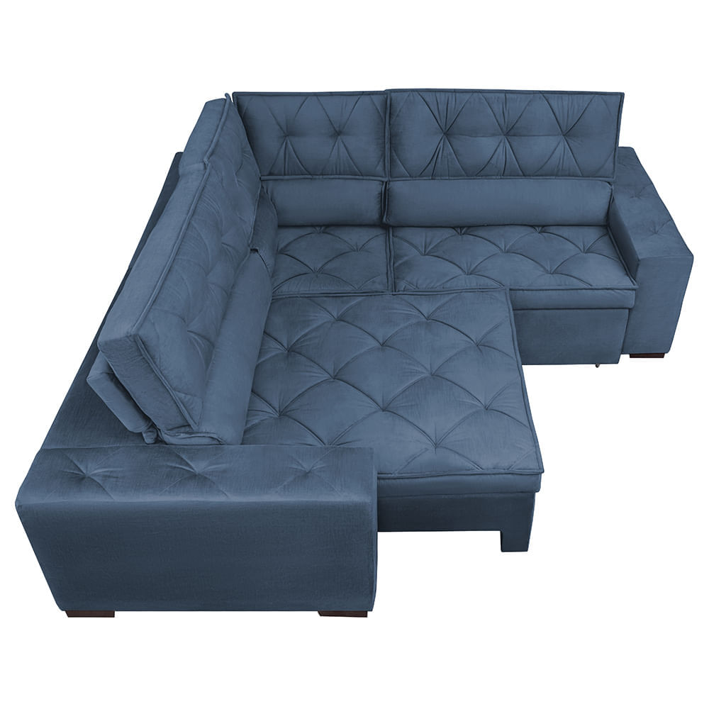 Sofa de Canto Retrátil e Reclinável com Molas Agnus 2,30m x 2,30m Suede Velupluma Azul - Imagem 5