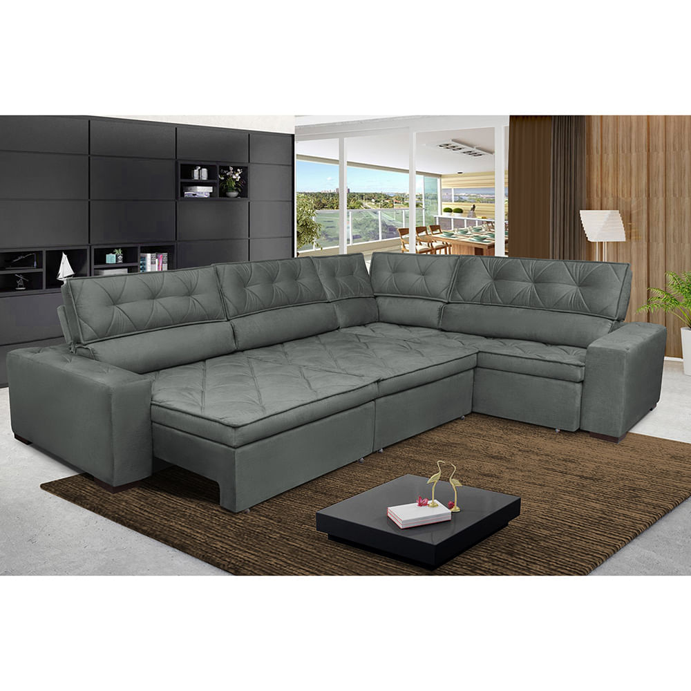 Sofa de Canto Retrátil e Reclinável com Molas Agnus 3,65X2,54 ou 2,54X3,65 Suede Velupluma Cinza