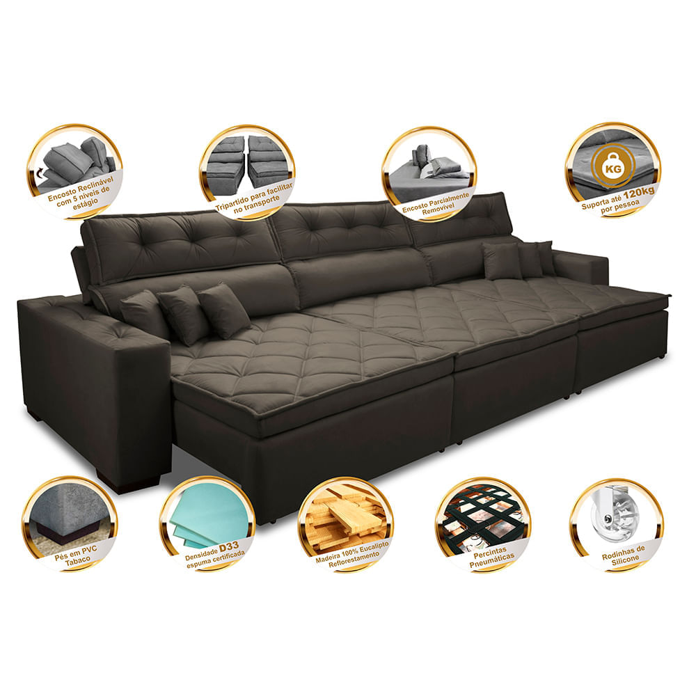 Sofá Retrátil e Reclinável 3,82m Agnus com Molas no Assento Suede Velupluma Café - Imagem 3