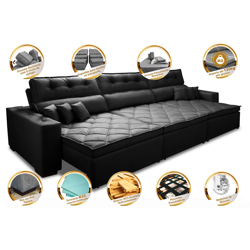Sofá Retrátil e Reclinável 3,22m Agnus com Molas no Assento Velupluma Preto - Imagem 3