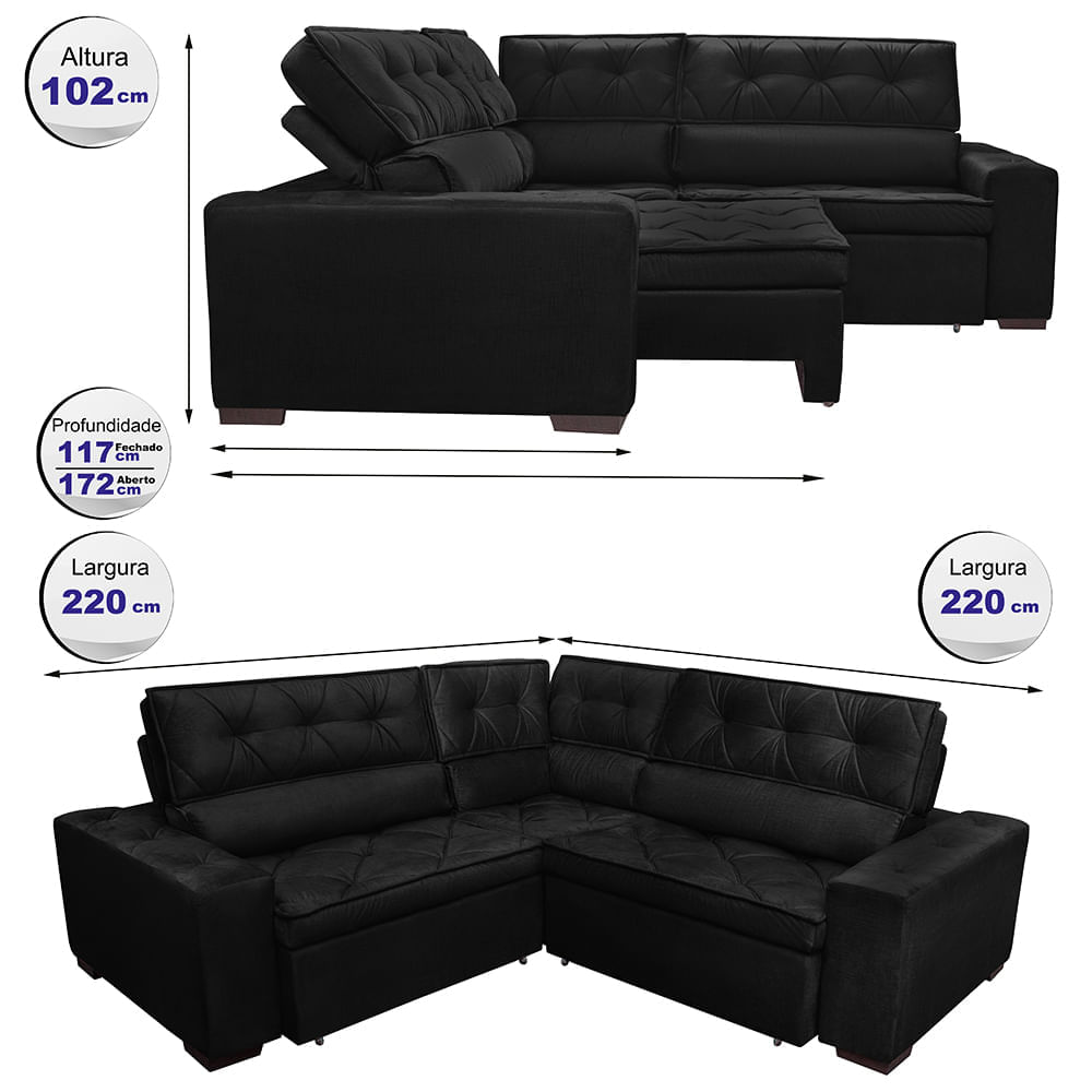 Sofa de Canto Retrátil e Reclinável com Molas Agnus 2,20m x 2,20m Suede Velupluma Preto - Imagem 2
