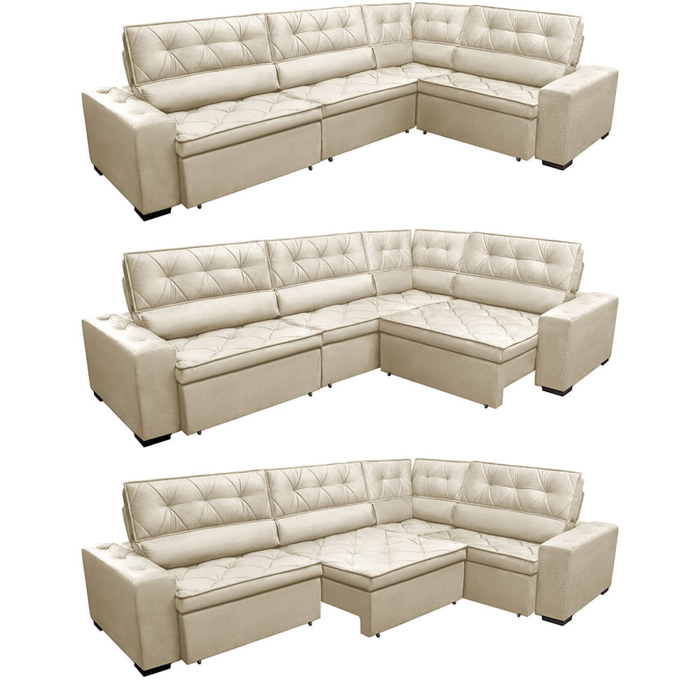 Sofa de Canto Retrátil e Reclinável com Molas Agnus 3,65X2,54 ou 2,54X3,65 Suede Velupluma Bege - Imagem 7