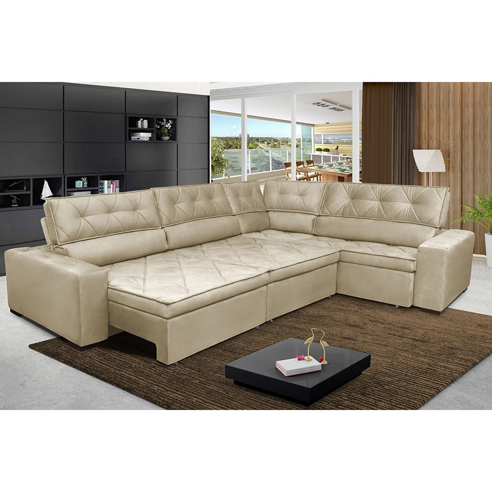 Sofa de Canto Retrátil e Reclinável com Molas Agnus 3,65X2,54 ou 2,54X3,65 Suede Velupluma Bege