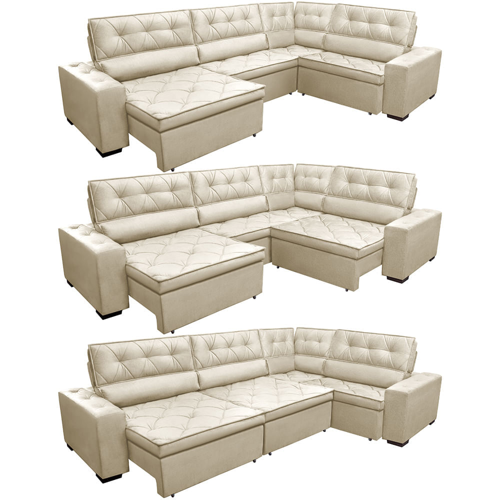 Sofa de Canto Retrátil e Reclinável com Molas Agnus 3,65X2,54 ou 2,54X3,65 Suede Velupluma Bege - Imagem 8