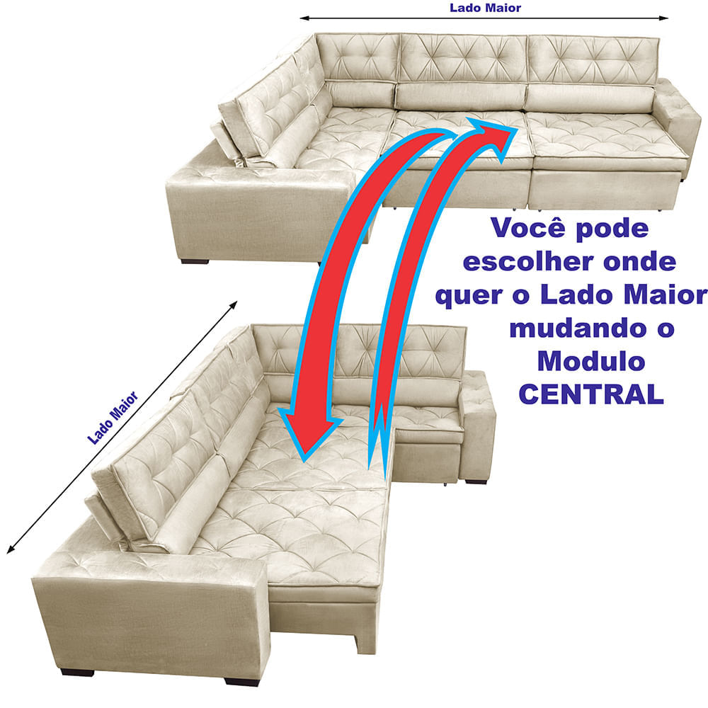 Sofa de Canto Retrátil e Reclinável com Molas Agnus 3,65X2,54 ou 2,54X3,65 Suede Velupluma Bege - Imagem 5