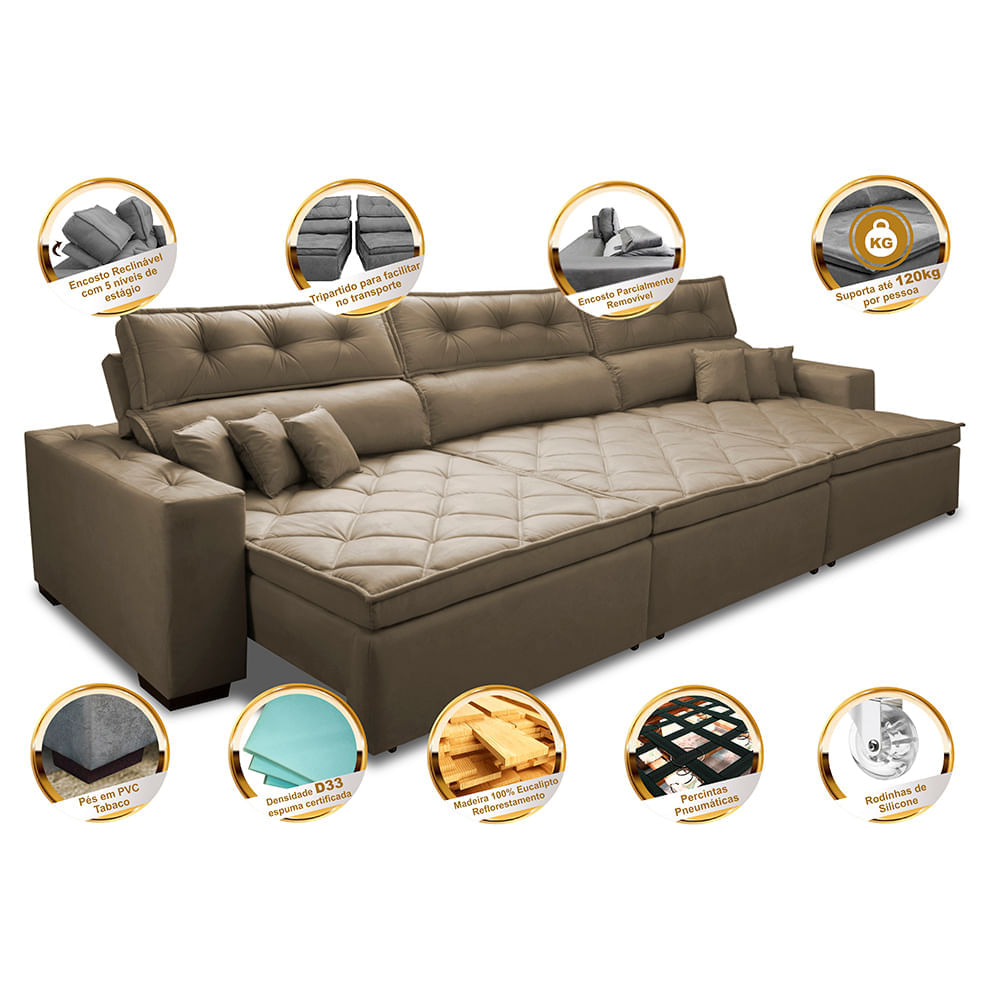 Sofá Retrátil e Reclinável 3,52m Agnus com Molas no Assento Velupluma Castor - Imagem 3