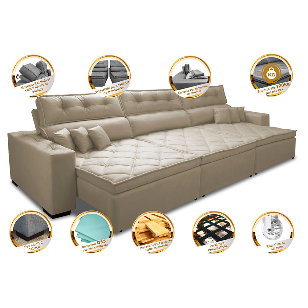 Sofá Retrátil e Reclinável 3,52m Agnus com Molas no Assento Velupluma Bege - Imagem 3