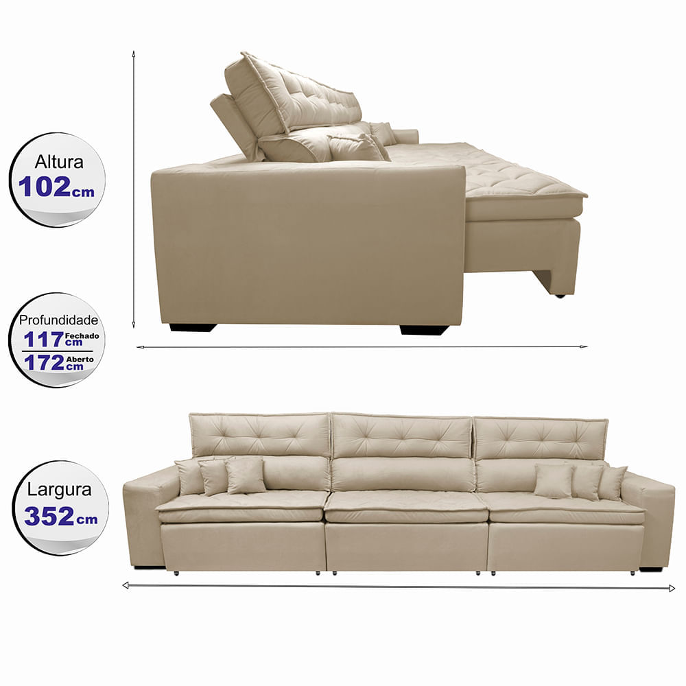Sofá Retrátil e Reclinável 3,52m Agnus com Molas no Assento Velupluma Bege - Imagem 2
